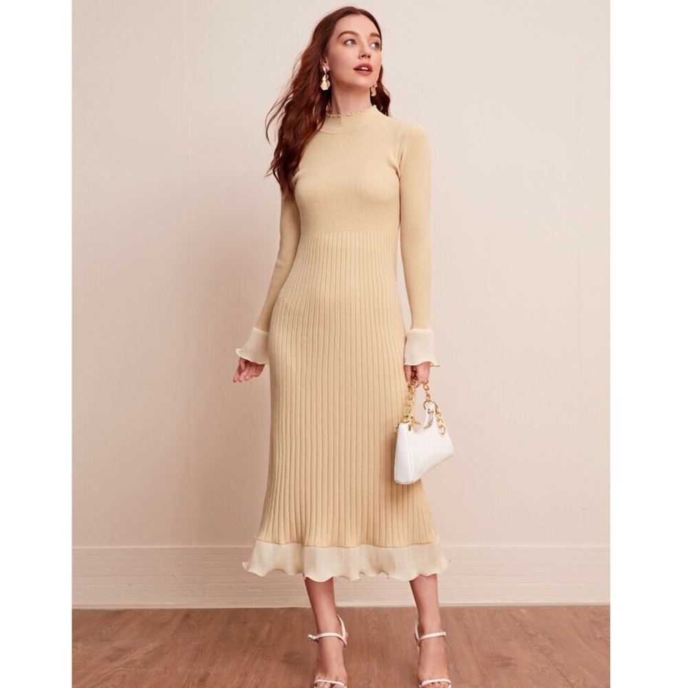 COPY - Flounce Sleeve Ribbed Knit Sweater Dress